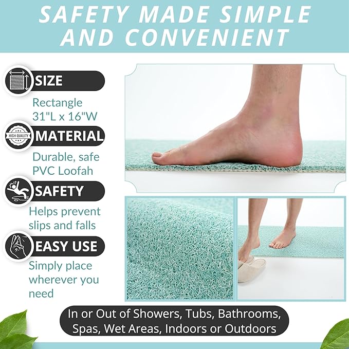 Non Slip Bathtub Mat Shower Mat for Tub - Loofah Bath Mats for Bathroom - 31x16 Bathtub Floor Mat - Textured Anti Slip Bath Mat Without Suction Cups - Secure Mat for Wet Areas (31x16 Aqua Green) - Image 2