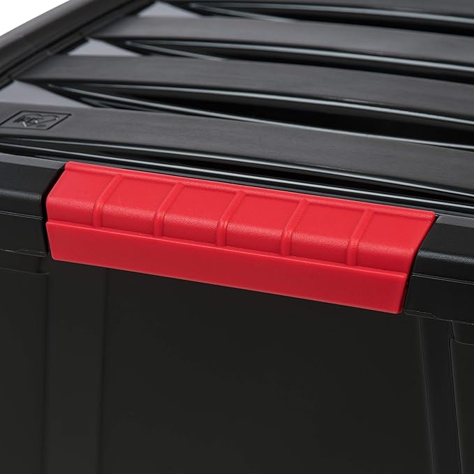 IRIS USA 32 Qt Stackable Plastic Storage Bins with Lids, 6 Pack - BPA-Free, Made in USA - Garage Organizing Solution, Latches, Durable Nestable Containers, Secure Pull Handle - Black - Image 5