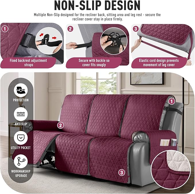 TAOCOCO 100% Waterproof Recliner Cover, Non-Slip Washable Reclining Couch Cover with Elastic Leg Straps, Furniture Protector for Dogs (Wine, 3 Seater) - Image 5