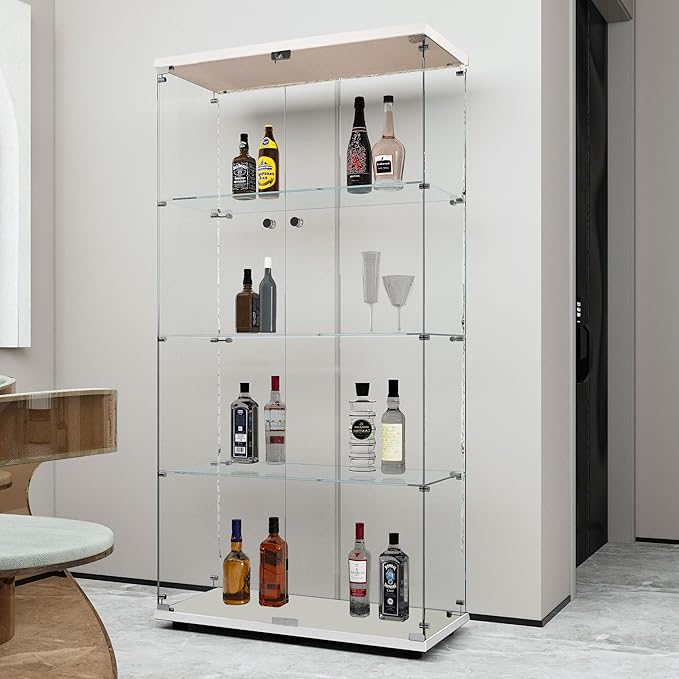 Yoluckea 4-Tier Glass Display Cabinet with Bluetooth LED Light Strip, 2-Door Floor Standing Curio Cabinet with Universal Wheel for Home Office Display, White Glass Bookshelf for Collections, Wood Top - Image 8