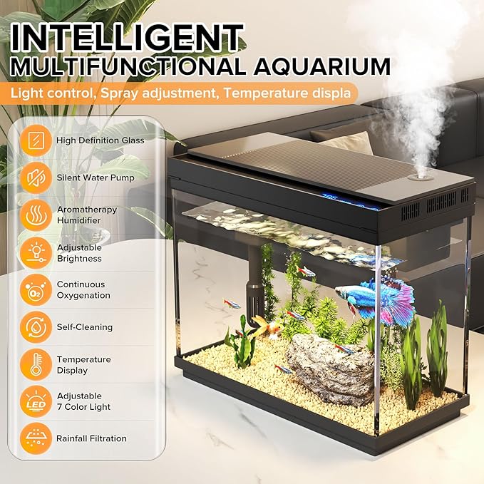 Fish Tank, 2.4 Gallon Fish Aquarium, Fish Tank Starter kit with Smart Humidifier, Temperature Display, 7-Color Lighting, 3 in 1 Quiet Pump with Filteration & Oxygenation & Circulation - Image 2