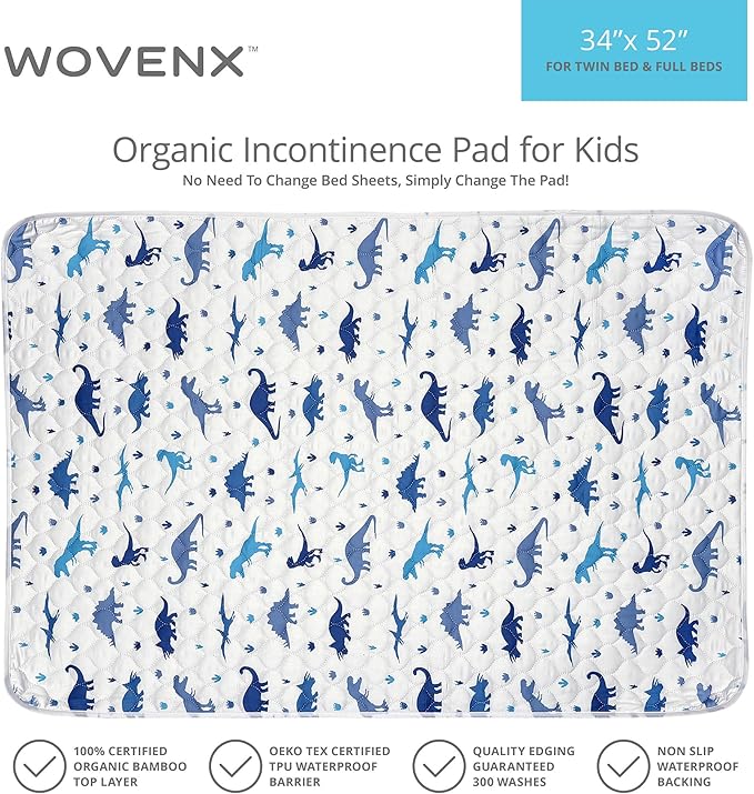 Organic Incontinence Pads for Kids & Toddlers - 5 Layer Waterproof Protectors for Overnight Bed Wetting - Reusable & Washable Pee Pads - Fits Twin to Full Size Beds - 34" x 52" Dinosaur - Image 5