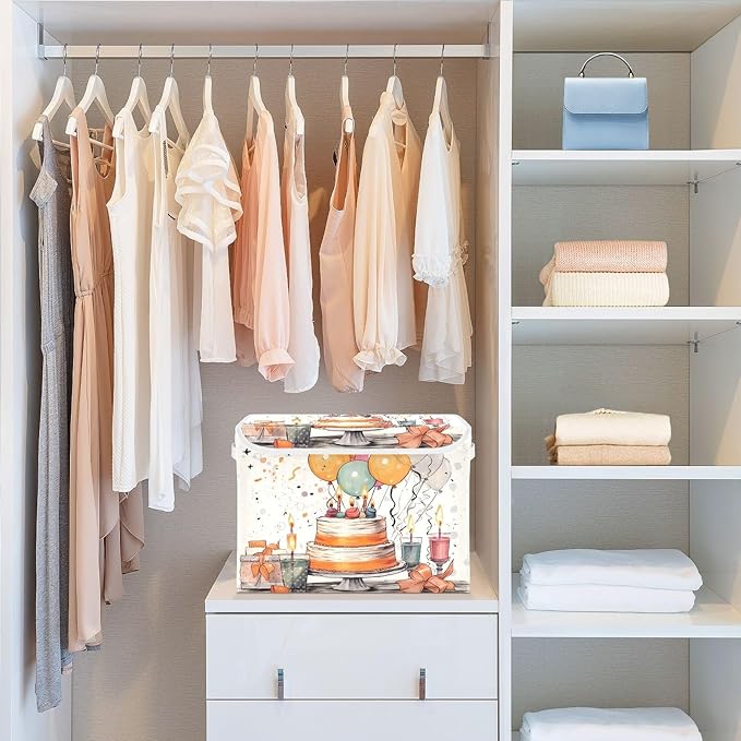 xigua Happy Birthday Pattern Storage Bins with Lids and Carrying Handle,Foldable Storage Boxes Organizer Containers Baskets Cube with Cover for Home Bedroom Closet Office - Image 6