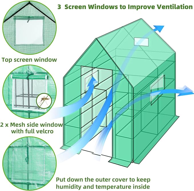 Greenhouse for Outdoors with Screen Windows, Ohuhu Upgraded 4 Tiers 11 Shelves Walk-in Greenhouses with Durable PE Cover, Outside Garden Plastic Green House with Ground Pegs & Ropes for Stability - Image 2