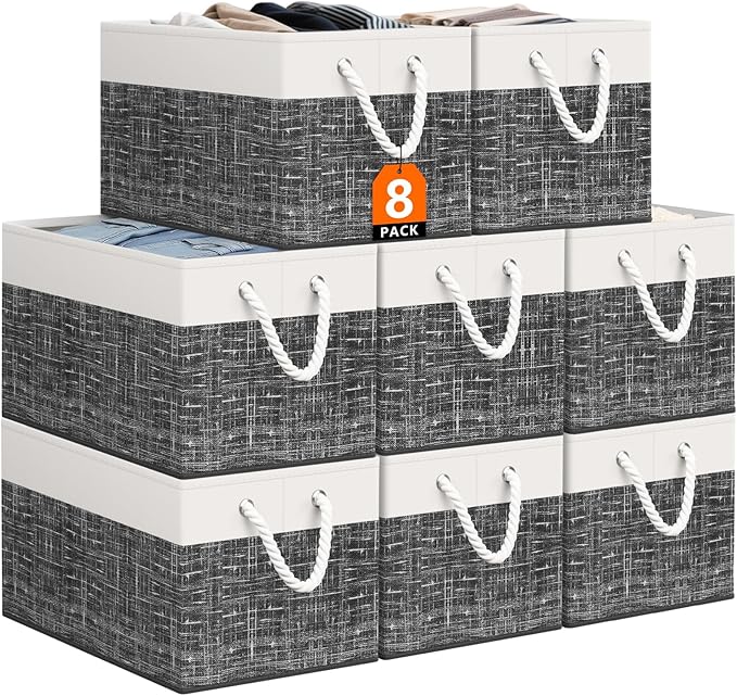 Storage Bin,Collapsible Storage Basket For Organizing,Large Storage Boxes With Rope Handles,Storage Containers,White & Black,8 Pack by StorageTastic