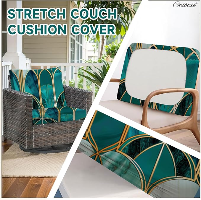 8Pcs Stretch Patio Cushion Cover, Art Deco Geometric Pattern Couch & Sofa Slipcovers for Patio Furniture Cushions Washable Reusable Couch Covers Replacement for All Season(Green, Cover Only) - Image 4