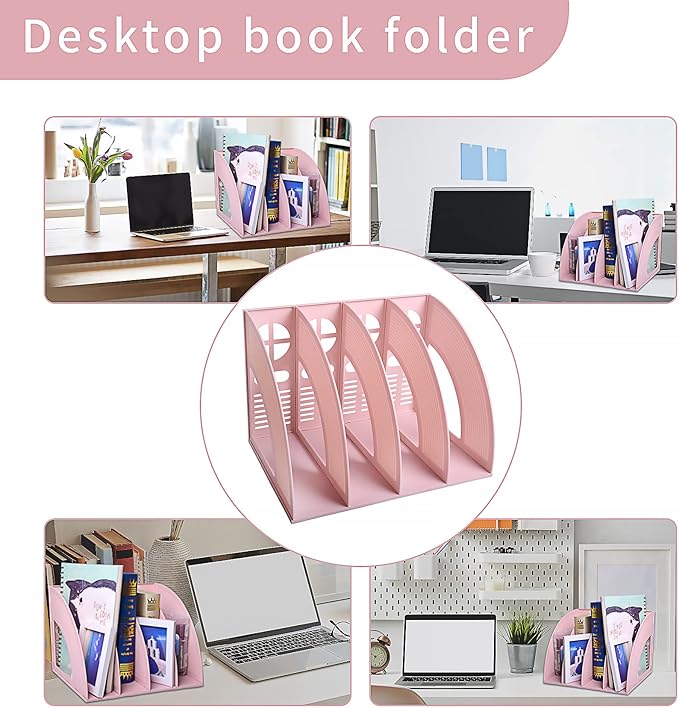 Marte Vanci Magazine File Holder, Binder Holder with 4 Vertical Compartments, Desktop Folder Organizer File Sorter Dividers for Book, Document Storage Home School Office Supply (Pink) - Image 6