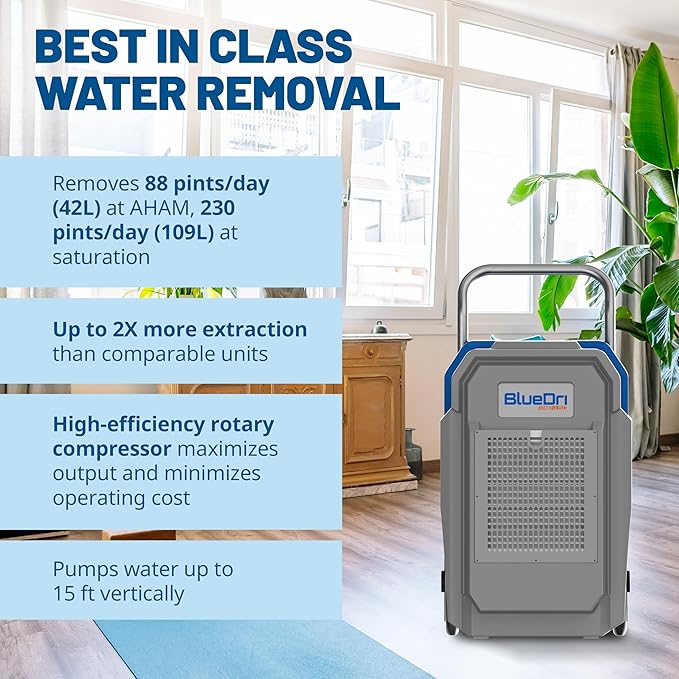 BlueDri BDX-150 175PPD Industrial Commercial LGR Dehumidifier with 25-Foot Drain Hose for Job Sites, Coverage area of 15,000 Cubic Feet, Water Damage Restoration Equipment, Blue - Image 2