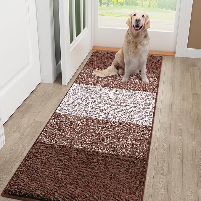 Smiry Dog Door Mat for Muddy Paws, Absorbs Moisture and Dirt, Low-Profile Entryway Mat with Non-Slip Backing, Entry Indoor Outdoor Doormat for Inside Floor (48x32 Inches, Brown, Striped) by Smiry