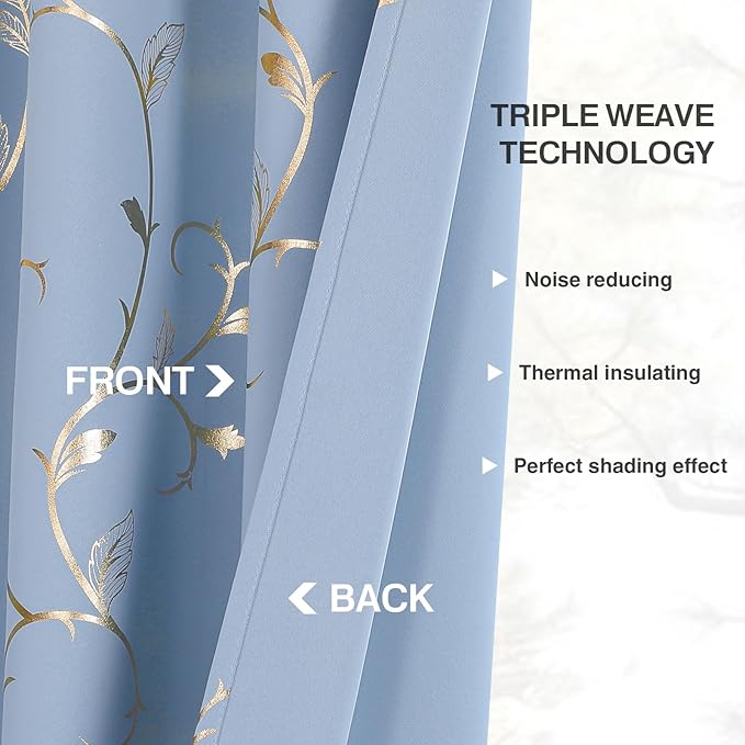 BUHUA Blackout Curtains Gold Foil Print Flower Vine Grommet Drapes, Room Darkening Thermal Insulated Curtains, Noise Reducing Blackout Curtain for Bedroom, Blue, 52Wx72L, 2 Panels - Image 5