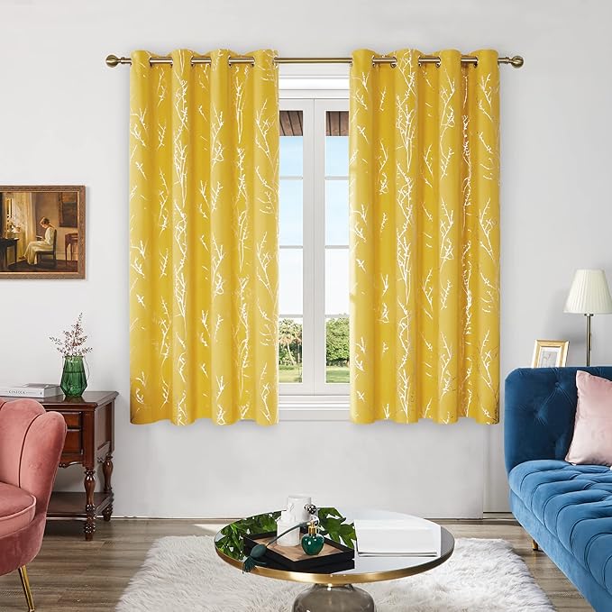 Deconovo Blackout Curtains Yellow, 52 x 84 Inch 2 Panels Set Drapes for Living Room, Modern Silver Tree Print Pattern, Thermal Insulated Soundproof Window Panel for Bedroom Office, Machine Washable - Image 4