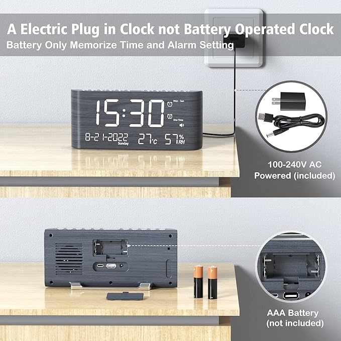 Mesqool Digital Alarm Clock, with Calendar Temperature and Humidity, Loud Volume, Dual Alarm, USB and Type-C Charging Ports, Dimmer, 12/24H, Snooze, Stylish Wood Grain Pattern Digital Clock for Décor - Image 7