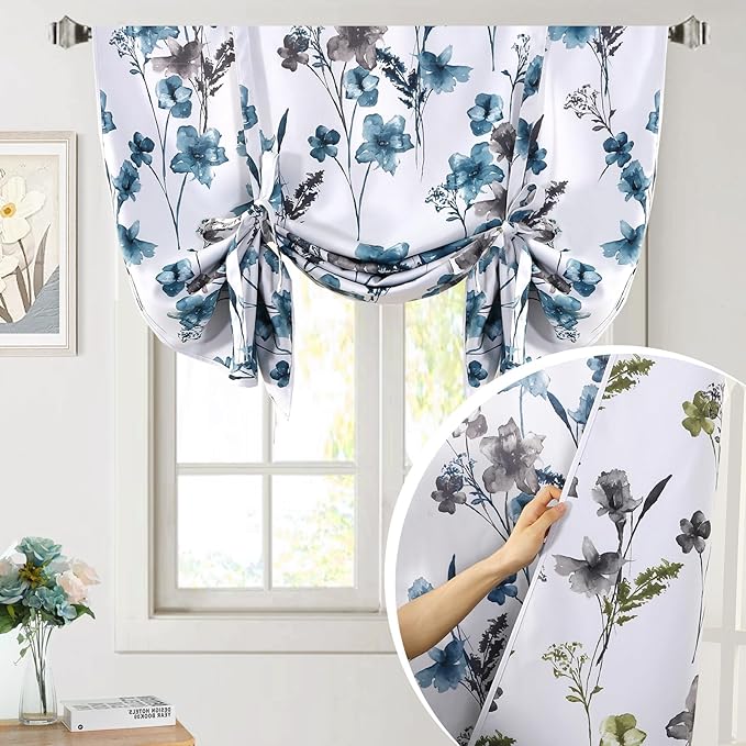 H.VERSAILTEX Tie Up Curtain Double Sided Cattleya Floral Printed Window Valance Balloon Roman Curtain, Rod Pocket 1-Pack, Reversible in Blue/Olive, W 42 x L 36 by HVERSAILTEX
