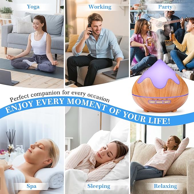 500ML Essential Oil Diffuser, Aromatherapy Diffuser with Remote Control, Multifunctional Air Diffusers for Home Office Room, Fragrance Aroma Diffuser with 7 Color LED & 2 Mist Mode, Light Brown - Image 7
