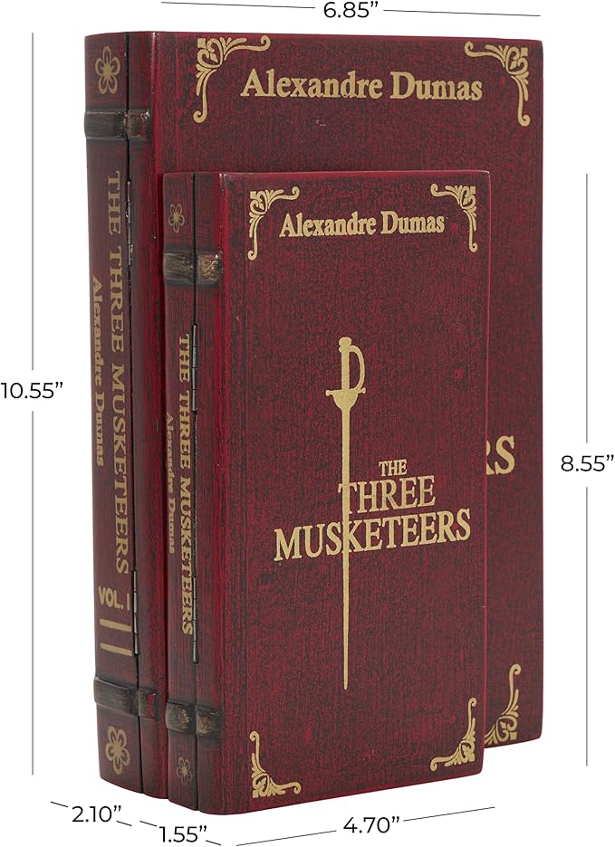 Deco 79 Wooden Decorative Box "The Three Musketeers" Storage Faux Book Decorative Keepsake Boxes, Set of 2 Storage Boxes 11", 9"W, Red - Image 6