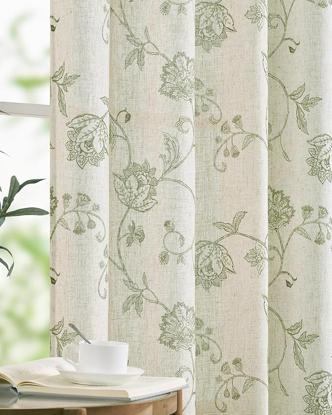 jinchan Linen Curtains Floral Curtains 63 Inch Length for Living Room Bedroom Light Filtering Rod Pocket Back Tab Jacobean Curtains Flax Linen Texture Window Drapes Set 2 Panels Green on Linen by JINCHAN