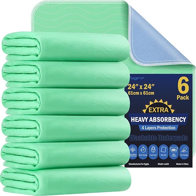 6 Pack 24” x 24” Extra Heavy Absorbency Washable Underpads, Waterproof Nursing Pads Incontinence Bed Pads, Reusable Washable Pee Pads for Dogs, Diaper Changing & Adults, Washable Puppy Pads by Fygrip