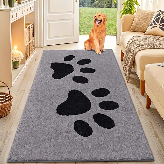 Smiry Dog Door Mat for Muddy Paws, Absorbs Moisture and Dirt, Low-Profile Entryway Mat with Non-Slip Backing, Entry Indoor Outdoor Doormat for Inside Floor (59x35 Inches, Grey, Paw) by Smiry