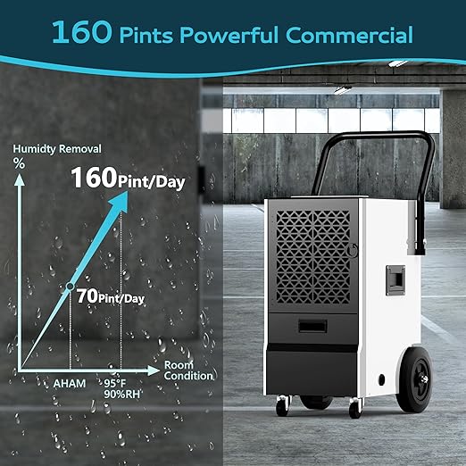 EUHOMY 160 Pints Commercial Dehumidifier for Basement,Large Dehumidifier for Basement With Drain Hose,Timer and 4 Wheels,Industrial Dehumidifiers for Flood Repair,Drying Basement,Warehouse and Factory - Image 2