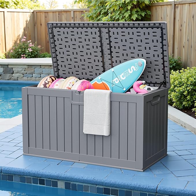 JUMMICO 250 Gallon Outdoor Resin Deck Box with Divider, Waterproof Storage Box with Lockable Lid&Side Handles for Garden Tools, Pools Supplies (Gray) - Image 7