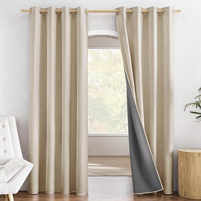 NICETOWN Farmhouse Style 100% Blackout Cream Linen Curtains 90 inches Length, 2 Panels, 52" W, Room Cooling Window Draperies with Thermal Insulated Liners for Dining Room by NICETOWN