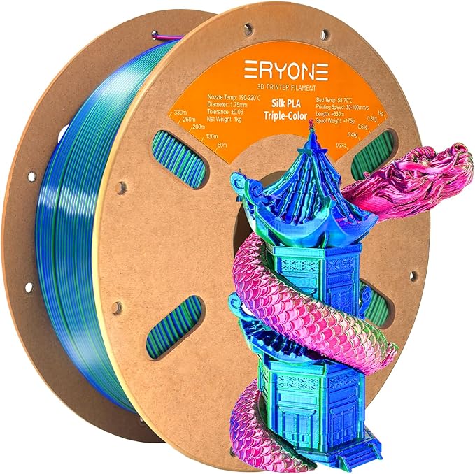 ERYONE Silk Tri Color PLA Filament 3D Printer 1.75mm +/- 0.03mm, Multicolor Filament Tricolor PLA 1KG(2.2lbs) Cardboard Spool, Red Blue Green by ERYONE