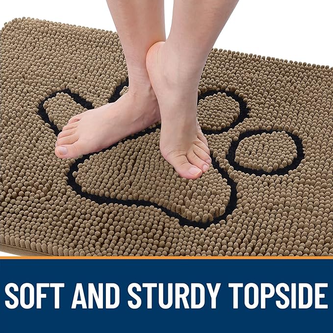 OLANLY Dog Door Mat for Muddy Paws 36x24, Paw Print Design, Absorbs Moisture and Dirt, Absorbent Non-Slip Washable Doormat, Quick Dry Chenille Mud Mat for Dogs, Entry Indoor Entryway Carpet, Tan - Image 4