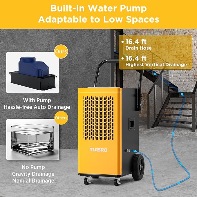 TURBRO 165 Pint Commercial Dehumidifier with Pump, Drain Hose, Industrial Dehumidifier for Large Spaces up to 7,500 Sq. Ft., Rolling Wheels, Faster Defrost, for Basement, Warehouse, Flood Restoration - Image 3