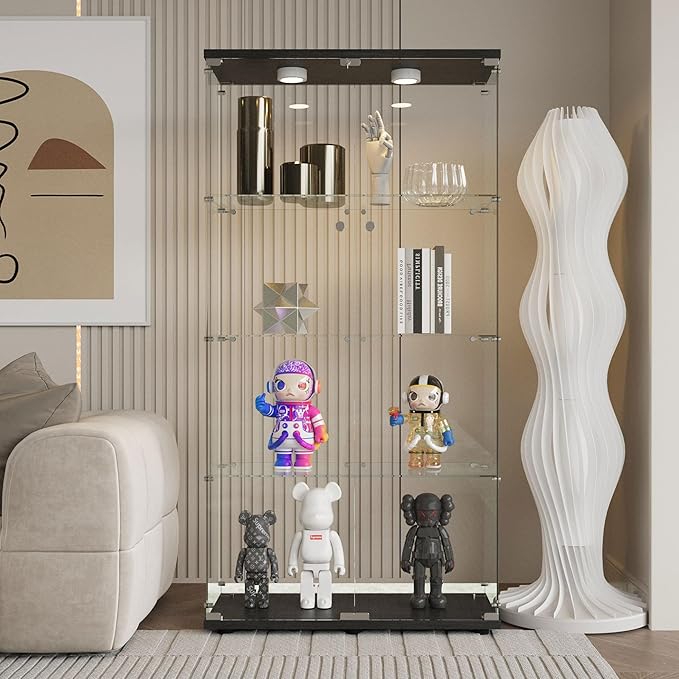 Yoluckea 4-Tier Glass Display Cabinet with Paipai Light, 2-Door Floor Standing Curio Cabinet with Adjustable Floor Feet for Home Office Corner Display, Black Glass Bookshelf for Collections and Decor - Image 7