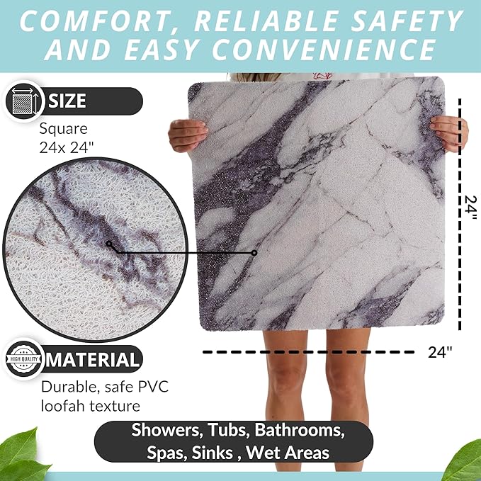Enkosi Loofah Shower Mat Non Slip – Square Anti Slip Bath Mat for Inside Showers, Bathtub, Tub, Bathroom - Cushioned, Quick Dry PVC with Drain Holes - Secure Grip Safety Pad (Marble Grey Blue 24x24) - Image 3