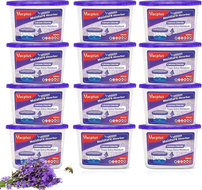 Vacplus Moisture Absorbers, 10.5 Oz Humidity Absorber Boxes Attracts Extra Moisture from Your Bathroom, Closet, Kitchen & Study, Dehumidifier, Odor Eliminator for Closet (Lavender Scent), 12 Packs by Vacplus