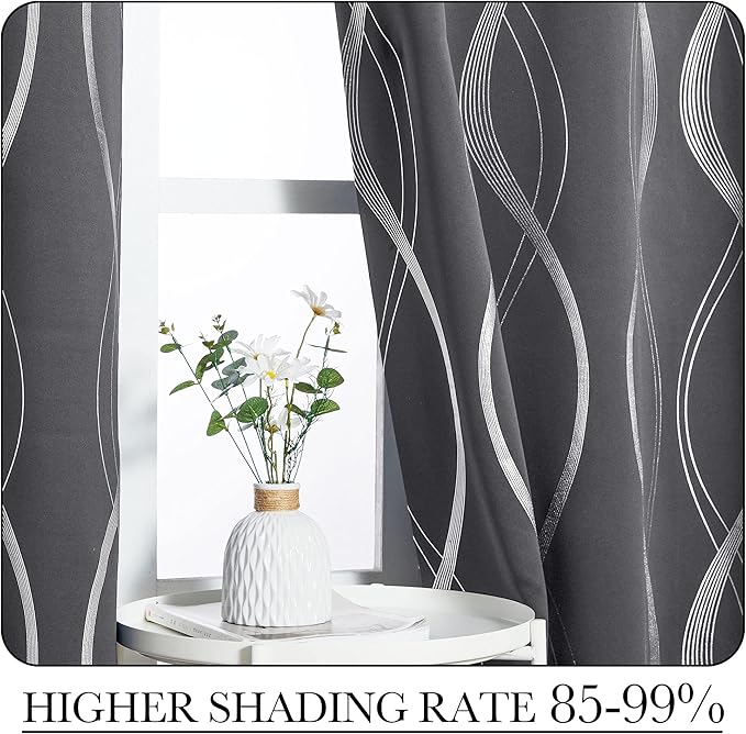 NICETOWN Extra Long Blackout Curtains for Large Window, Grey, 52" x 102", 2 Panels, Foil Printed Wave Lines Energy Saving Thermal Insulated Blackout Draperies for Kids Nursery Boys Bedroom - Image 4