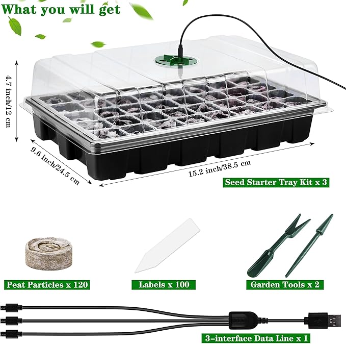 3 Pack Seed Starter Tray Kit with Grow Light Germination Trays with Humidity Dome, 120 Peat Pellets, Gardening Tools, Plant Labels, Plant Growing Trays for Seeds Growing Starting, Black - Image 2