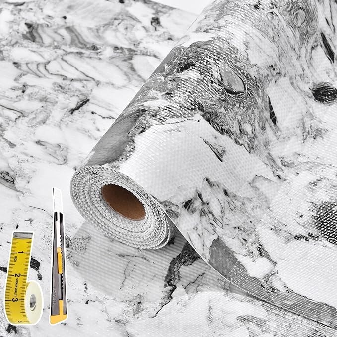 Drawer and Shelf Liner for Kitchen Cabinet: 17 in X 20 Ft Non Slip Waterproof Shelf Paper Non Adhesive Refrigerator Liners Grey and White Marble Easy Liners for Bathroom with Knife Tape Measure by Kimhan