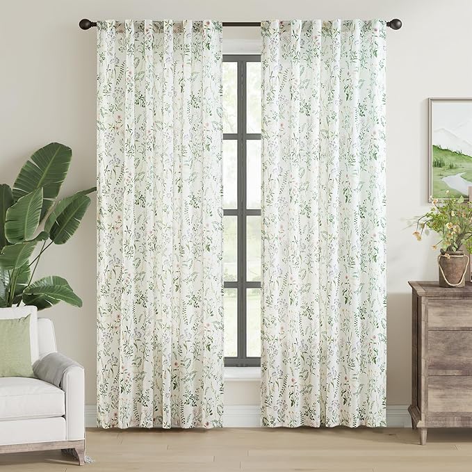 jinchan Floral Linen Blend Curtains for Living Room 84 Inch Length French Country Farmhouse Printed Curtains Sage Green on White Rod Pocket Back Tab Light Filtering Window Drapes 2 Panels by JINCHAN
