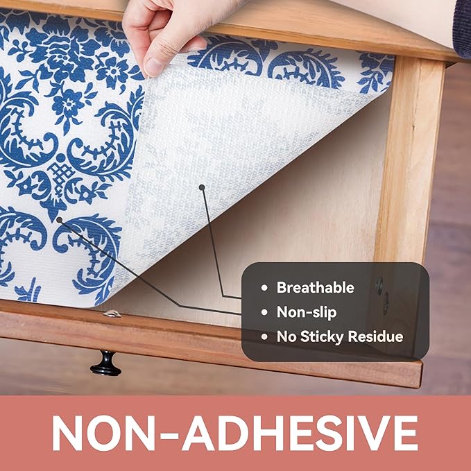 RAY STAR Shelf Liner, Non Adhesive Vintage Navy Blue Floral Kitchen Cabinet Liner for Pantry Drawer Vanity, Strong Grip Non Slip, Shelf Liners for Kitchen Cabinets Cupboard 18 Inch x 8 FT (3 Rolls) - Image 8