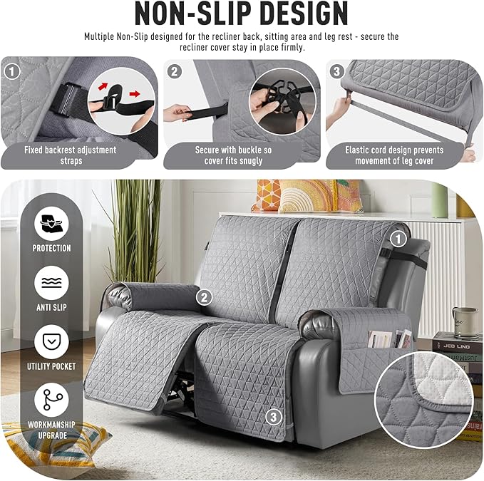 TAOCOCO 100% Waterproof Recliner Cover, Non-Slip Washable Reclining Couch Cover with Elastic Leg Straps, Furniture Protector for Dogs (Light Gray, 2 Seater) - Image 5