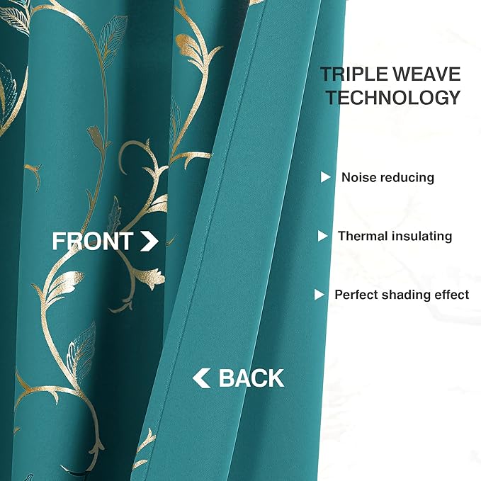 BUHUA Blackout Curtain 2 Panel Set Silver Vine Foil Print Thermal Insulated Drapes Room Darkening Curtains Grommet Window Treatment, 52 x 84 Inch, Teal Blue - Image 7