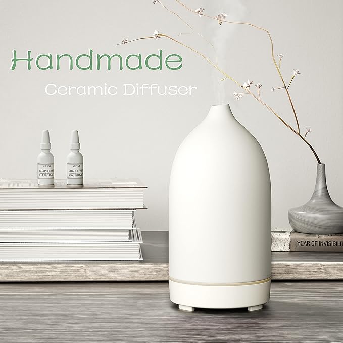 Essential Oil Diffusers,Handmade Ceramic Aromatherapy Diffuser for Room and 9 Colors Night Light for Home,Auto-Off (White) - Image 7
