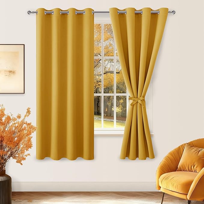 Hiasan Blackout Curtains for Bedroom, 52 x 63 Inches Length - Thermal Insulated & Light Blocking Window Curtains for Living Room, 2 Drape Panels Sewn with Tiebacks, Mustard Yellow - Image 2