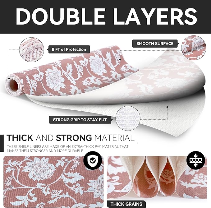 RAY STAR Shelf Liner, Non Adhesive Pink Floral Kitchen Cabinet Liner for Pantry Drawer Vanity, Strong Grip Non Slip, Shelf Liners for Kitchen Cabinets Cupboard 18 Inch x 8 FT (3 Rolls) - Image 7
