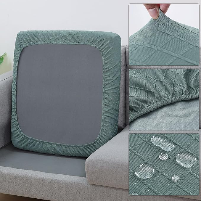 Fuloon Waterproof Seat Cushion Covers 3 PCS, Stretch Sofa Cushion Slipcovers Couch Covers Solid Washable Furniture Protector Suitable for Armchair Loveseat Sofa (Sage Green) - Image 2