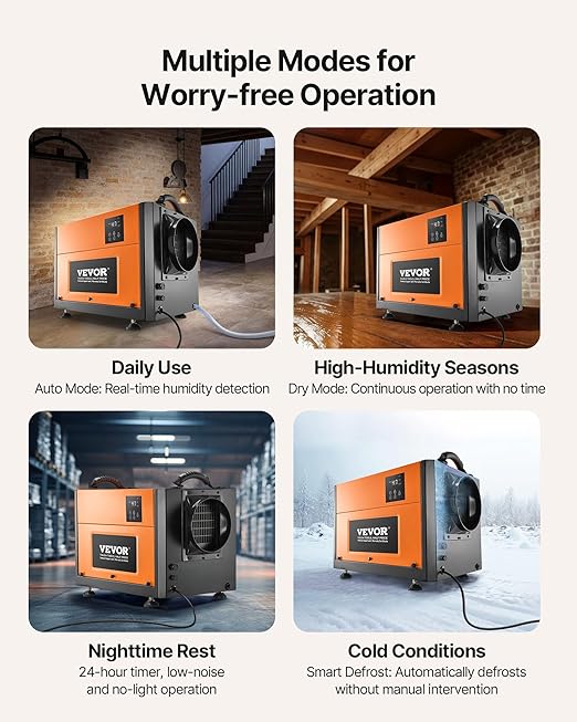 VEVOR 125 Pints Commercial Dehumidifier with Drain Hose, Portable Crawl Space Dehumidifiers for Basement Storage Room Industrial Grade, Auto Defrost/Drainage, Heavy-duty Galvanized Steel, LED Indicate - Image 4
