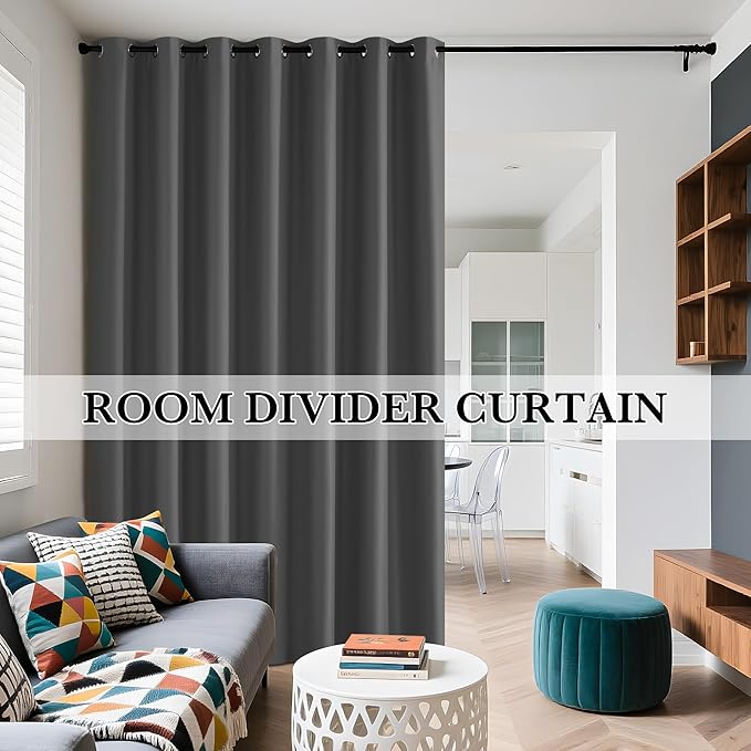 RYB HOME 100% Blackout Room Divider Curtains for Sliding Glass Door, Extra Wide Thermal Insulated Privacy Curtains for Bedroom/Patio Door/Living Room/Open Closet, Grey, W100 x L84, 1 Panel - Image 9