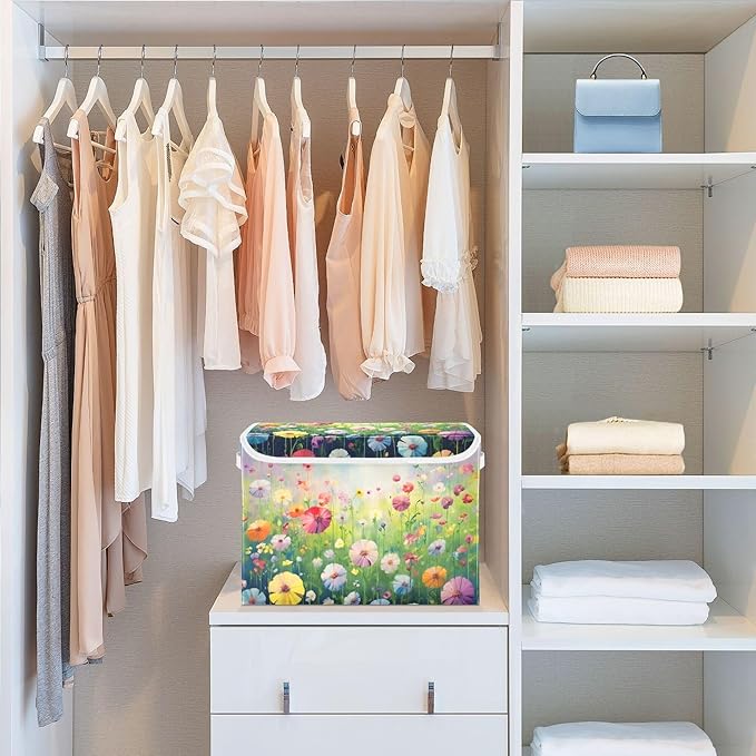 xigua Colorful Flowers Storage Bins with Lids and Carrying Handle,Foldable Storage Boxes Organizer Containers Baskets Cube with Cover for Home Bedroom Closet Office - Image 6