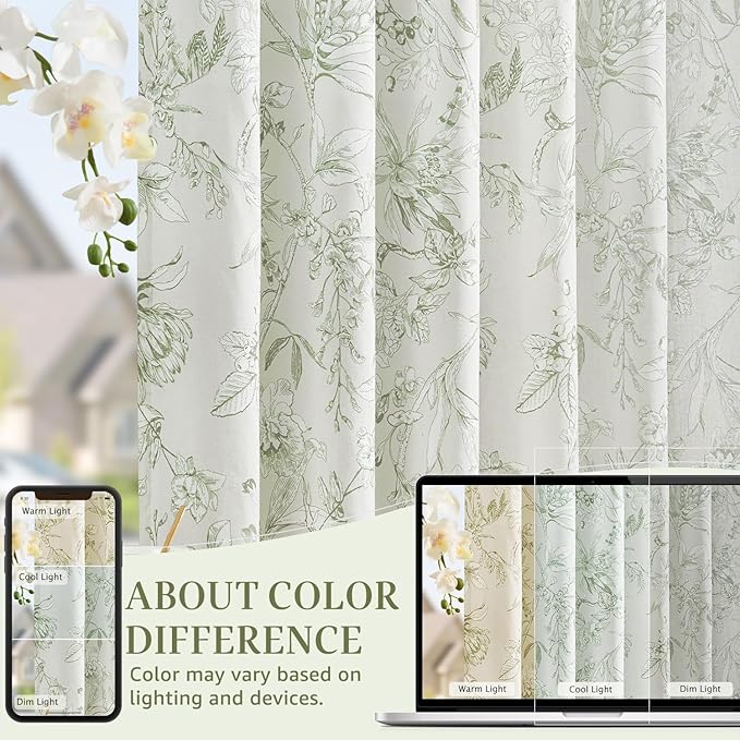 jinchan Floral Curtains 90 Inch Length Sage Green Flower Linen Farmhouse Curtain for Living Room French Country Vintage Curtain Rod Pocket Curtains Set 2 Panels Floral Printed - Image 6