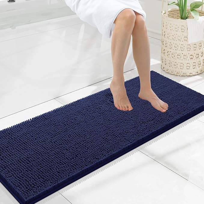 Smiry Luxury Chenille Bathroom Rugs 47x17, Extra Soft and Absorbent Shaggy Bath Mat, Machine Washable, Non-Slip Plush Carpet Runner for Tub, Shower, and Floor, Home Decor Accessories, Navy Blue by Smiry