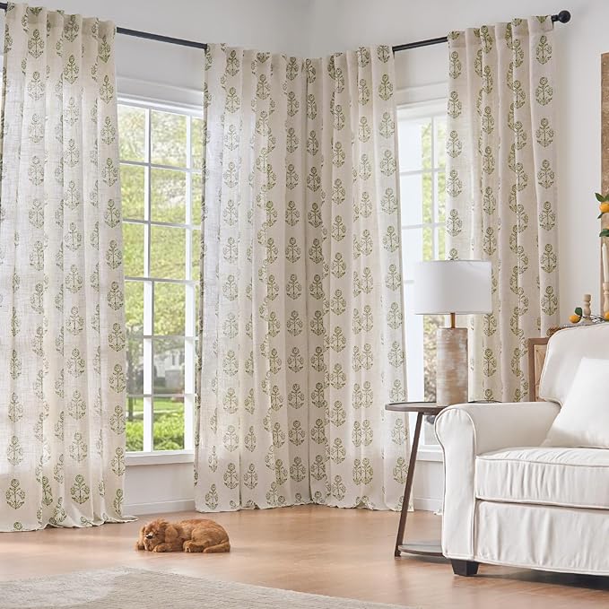 jinchan Linen Floral Curtains for Living Room 84 Inch Length Green Flower Cottage Core Farmhouse Curtains Rod Pocket Back Tab Boho Semi Sheer Window Drapes Bedroom Set 2 Panels Green on Beige - Image 8