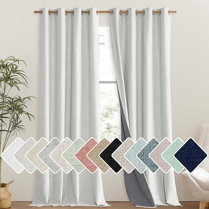 NICETOWN 100% Absolutely Blackout Linen Curtains with Thermal Insulated Liner, Greyish White, 52" Wide, 95" Length Energy Saving Curtains for Living Room 2 Panels Set, Vertical Blinds by NICETOWN
