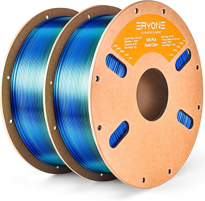 ERYONE Silk Dual Color PLA Filament 3D Printer 1.75mm +/- 0.03mm, Bicolor Filament Two Tone PLA Bundle 2KG Cardboard Spool, Blue Green by ERYONE